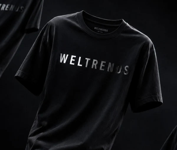 A black short-sleeve crewneck t-shirt with 'WELTRENUS' printed across the chest in a metallic silver gradient, shown against a dark studio background.