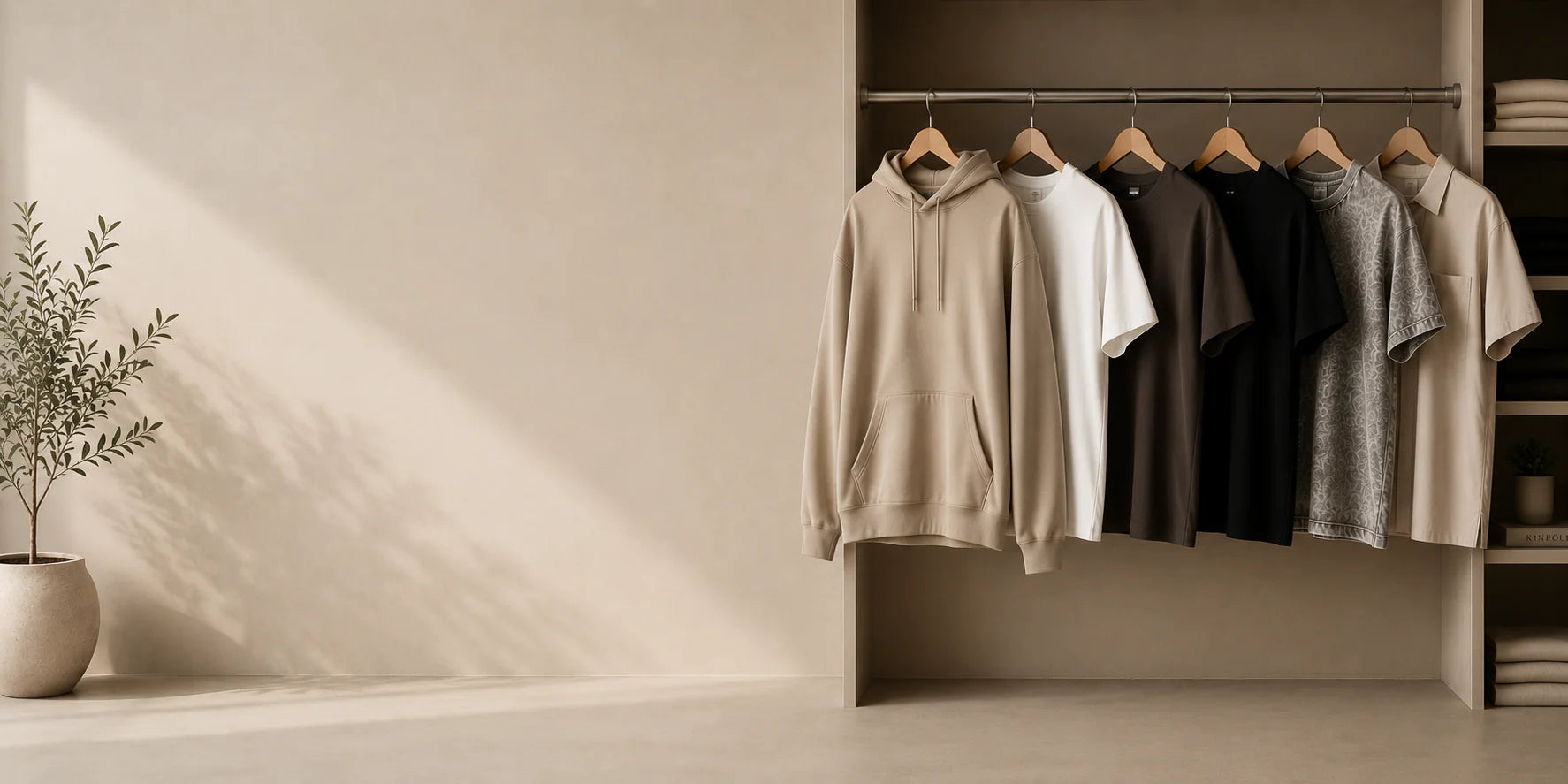 A set of neutral-colored hoodies and t-shirts hanging on wooden hangers inside a minimalist, warm-toned closet or display shelf. The garments are in beige, white, brown, black, and gray, arranged against a matching beige wall with soft shadows cast from a potted plant on the left.